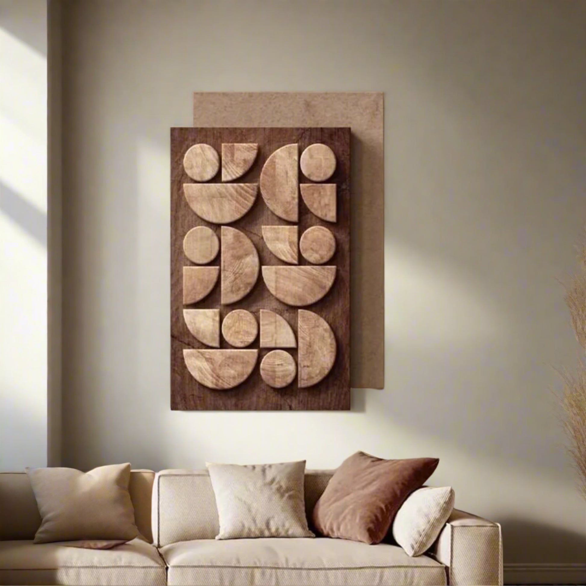 Wooden wall art with geometric shapes on a beige wall above a sofa.