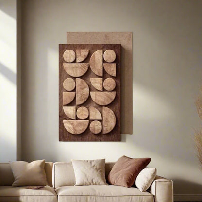Wooden wall art with geometric shapes on a beige wall above a sofa.