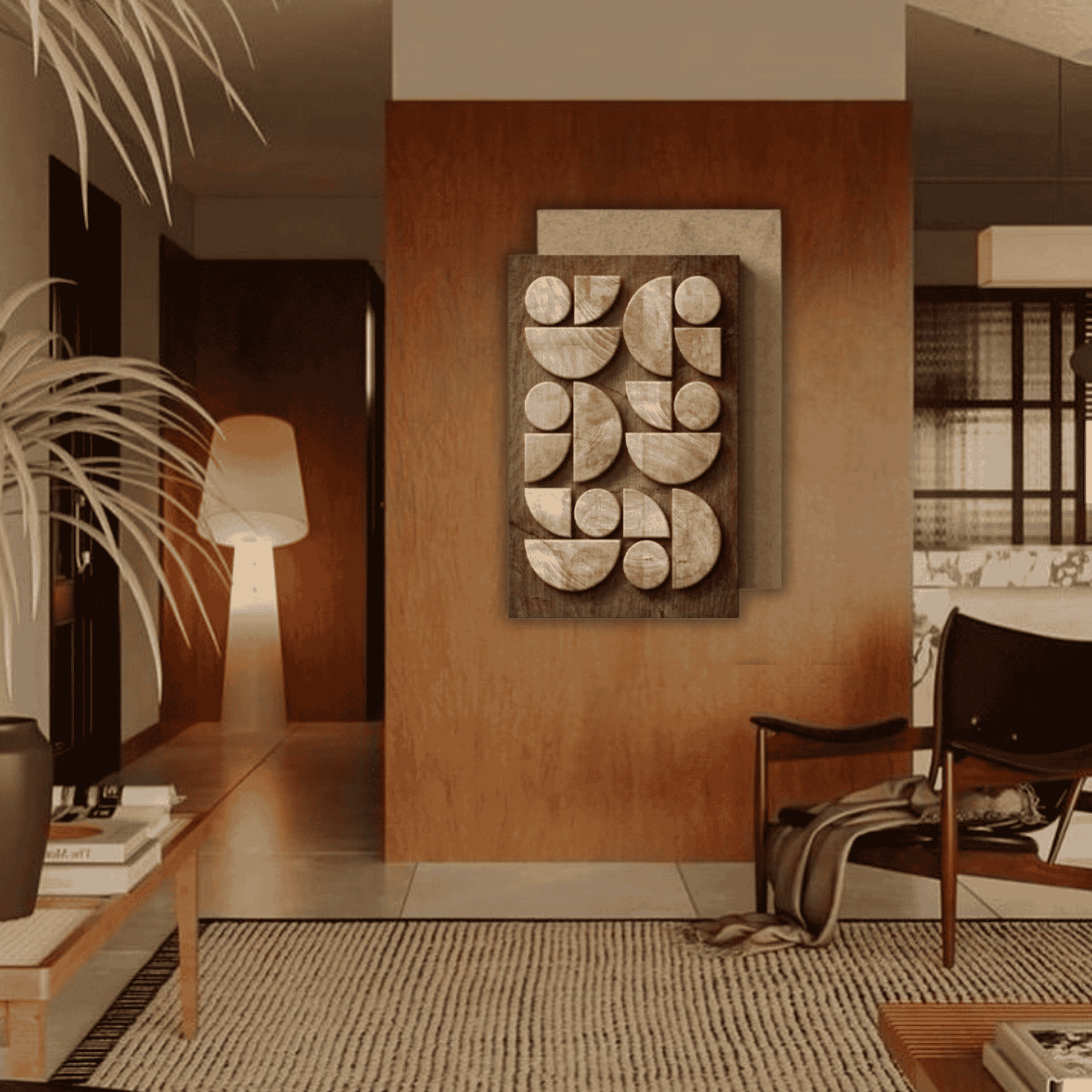 Modern living room with decorative wall art and furniture.