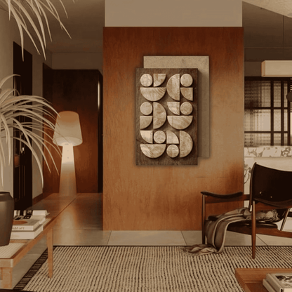 Modern living room with decorative wall art and furniture.
