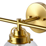 Gold wall-mounted lamp with a white glass shade on a white background