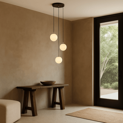 Modern interior with pendant lights, wooden table, and glass door.