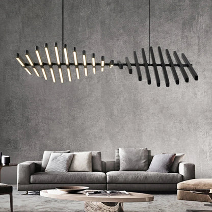 Contemporary designer chandelier with dynamic pattern of bars casting soft warm light in modern interior.