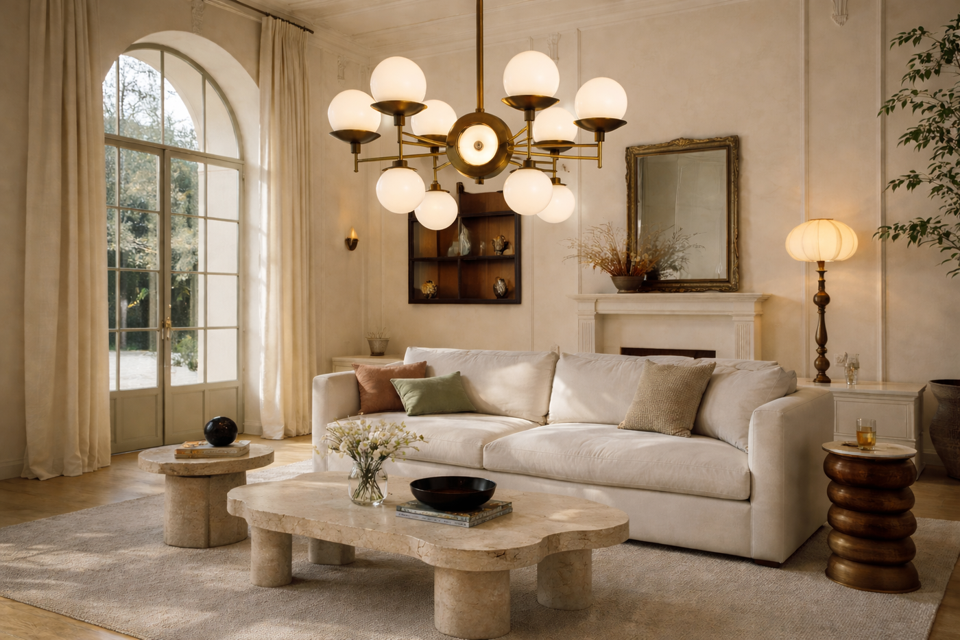Living room with beige sofa, stone coffee table, and decorative items.