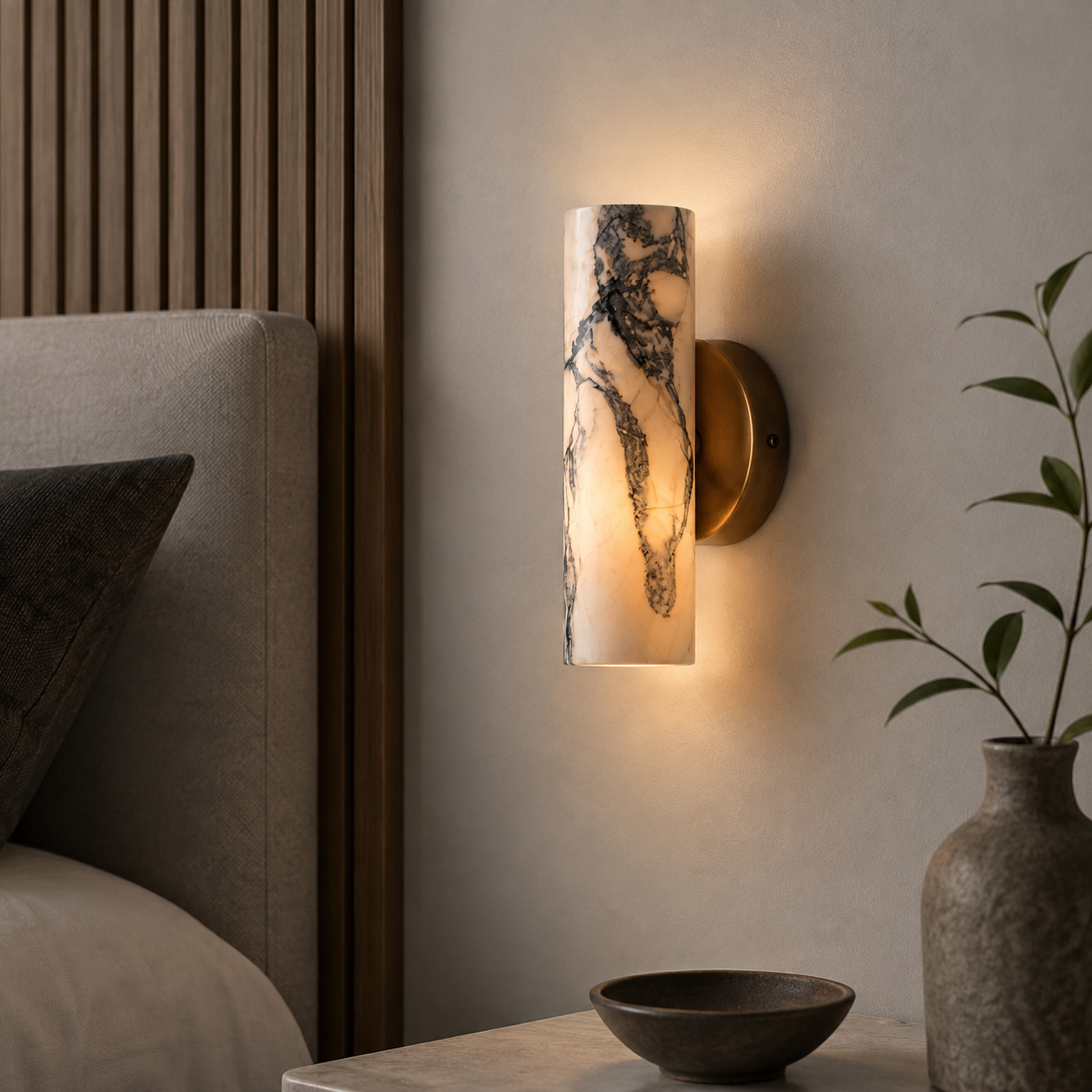 A modern cylindrical wall sconce with a glowing warm light, featuring a white and black marbled glass shade and a brushed gold metal wall mount, shown in a styled bedroom setting.