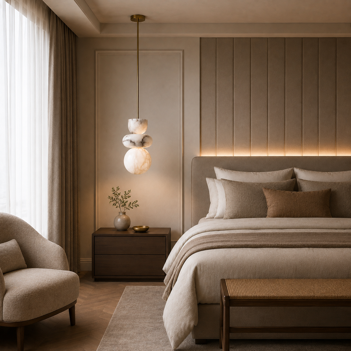A modern bedroom interior featuring a bed dressed in neutral beige and taupe bedding, a matching upholstered chair at left, a sculptural pendant light, and a softly lit wood-paneled headboard with warm ambient backlighting.