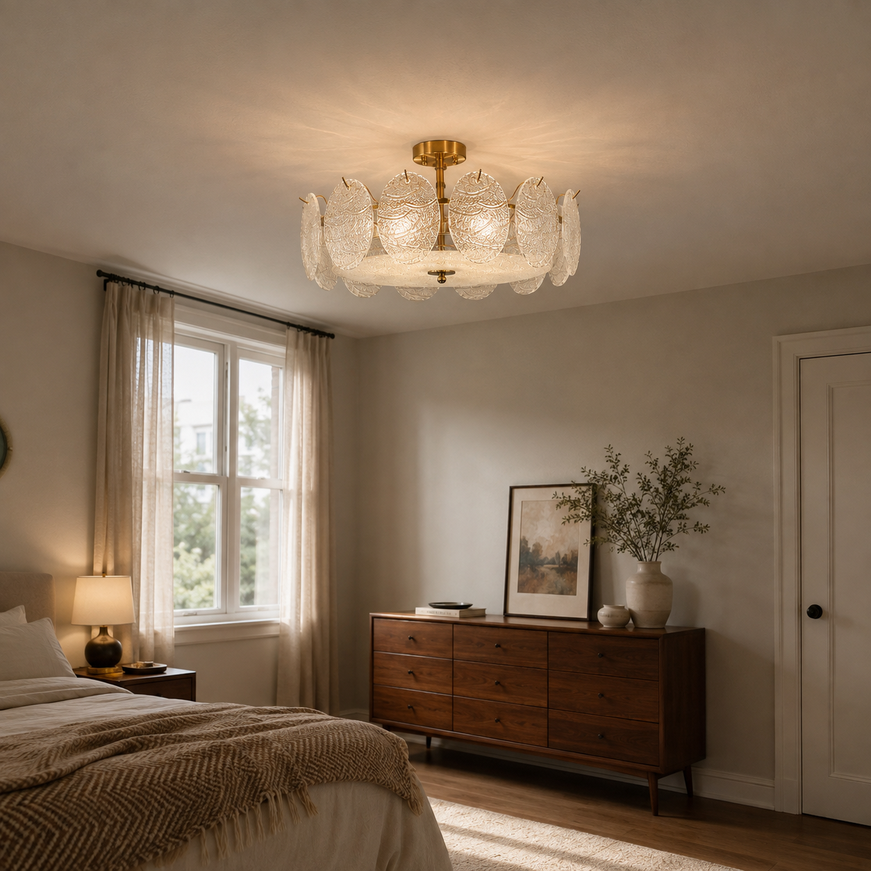 A modern semi-flush mount ceiling light fixture with a gold brass central canopy and textured, petal-like clear glass shades, shown installed in a warm, modern bedroom setting.