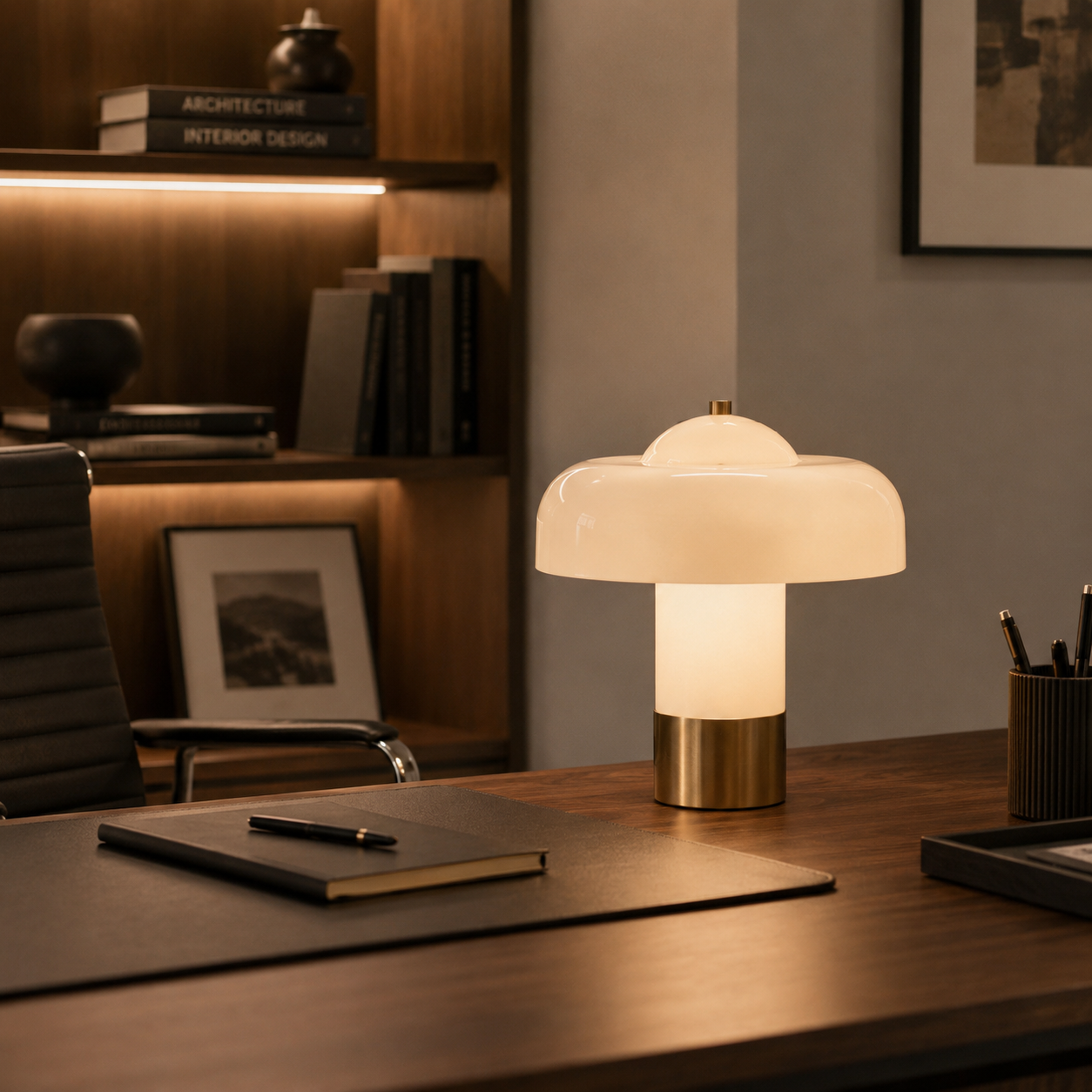 A mushroom-shaped table lamp with a glowing white glass shade and a brushed gold metal base, placed on a dark wooden desk in a modern office setting.