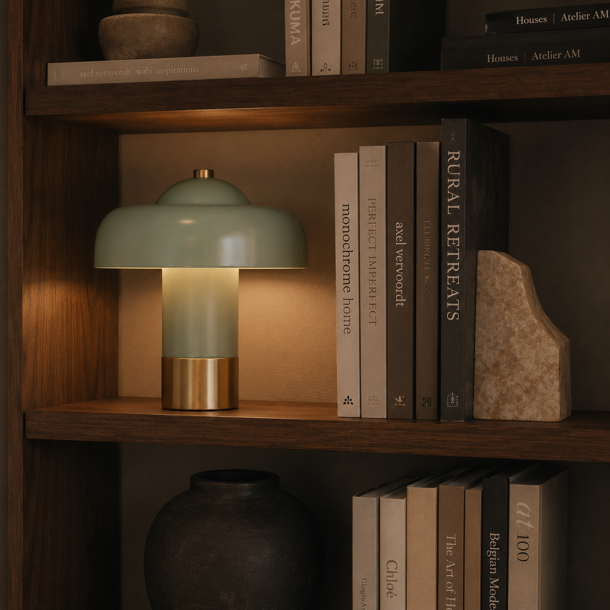 A modern table lamp with a muted sage green shade and a polished gold base, illuminated and styled on a dark wooden bookshelf alongside books and a ceramic vase.