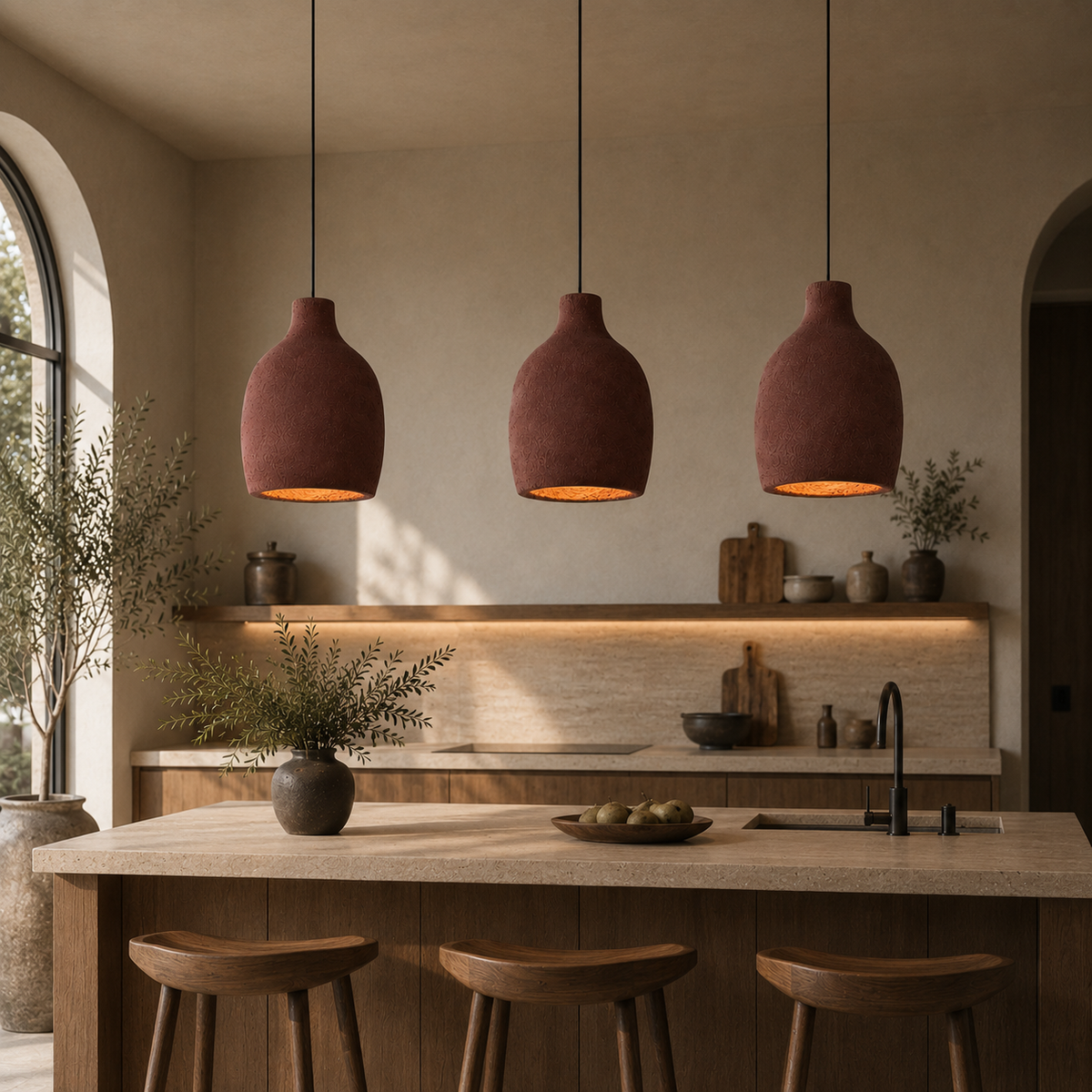 Three terracotta-colored pendant lights hang over a modern kitchen island with wooden stools, set in a warm, rustic kitchen with beige walls and stone countertops.