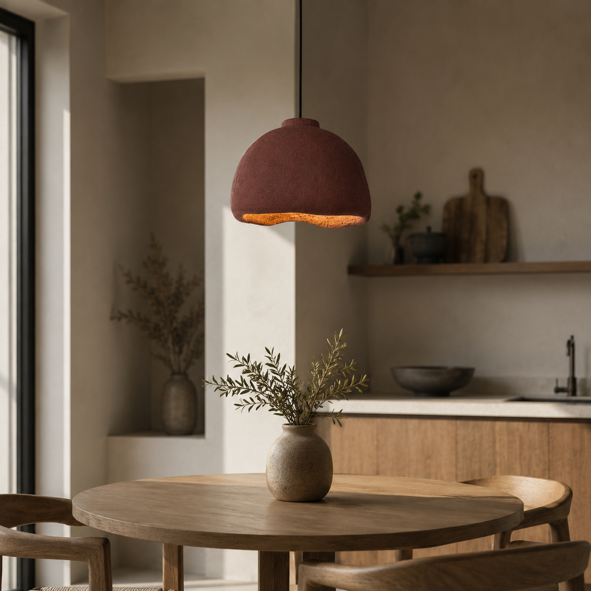 A terracotta-colored dome pendant light hangs over a round wooden dining table in a warm, modern kitchen setting.