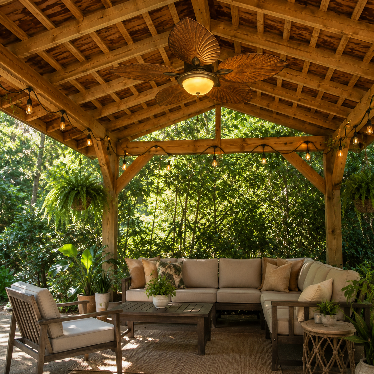 Outdoor patio seating area under a rustic wooden pergola with a sectional sofa, armchair, coffee table, string lights, and a ceiling fan, surrounded by lush green foliage.