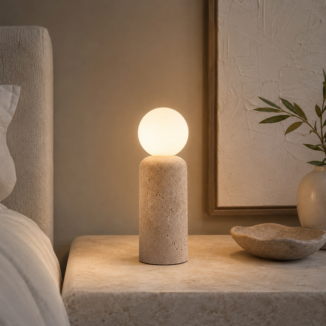 A modern stone table lamp with a cylindrical textured base and a glowing spherical shade, placed on a matching stone bedside table in a softly lit bedroom setting.