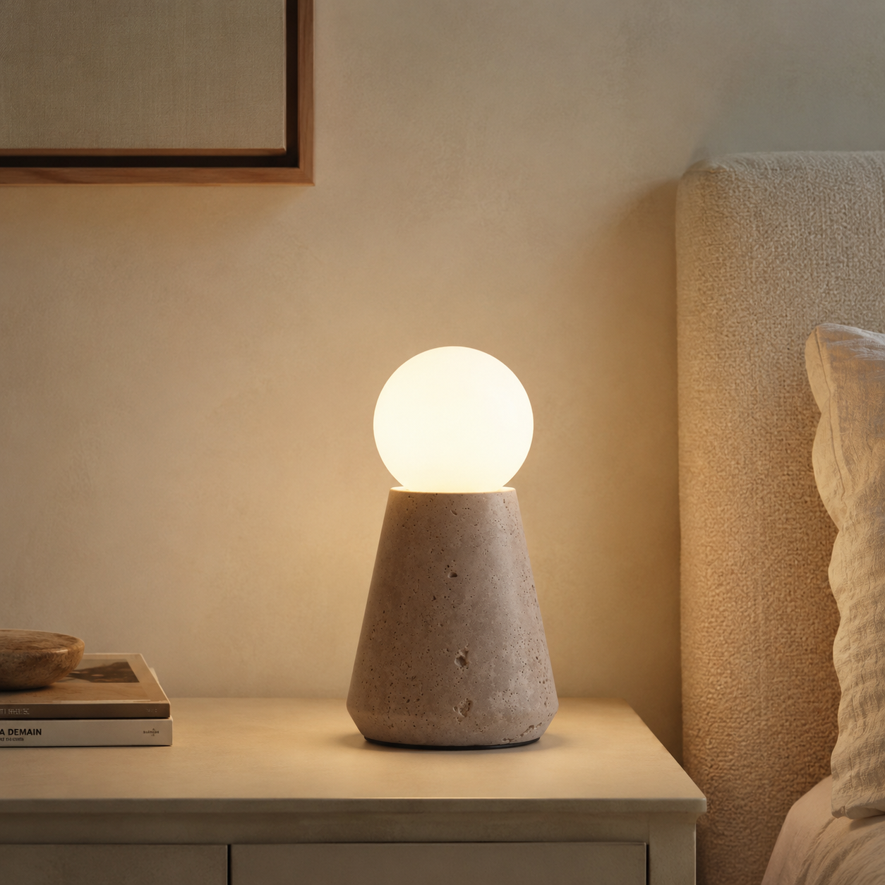 A modern table lamp with a textured concrete cone base and a glowing spherical shade, placed on a bedside table next to a bed in a warm, neutral-toned bedroom.