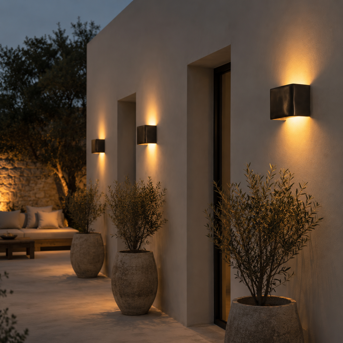 Three modern black rectangular wall sconces mounted on a beige stucco building exterior, casting warm light downward and upward. Large stone planters with leafy shrubs line the walkway beside the building at dusk.