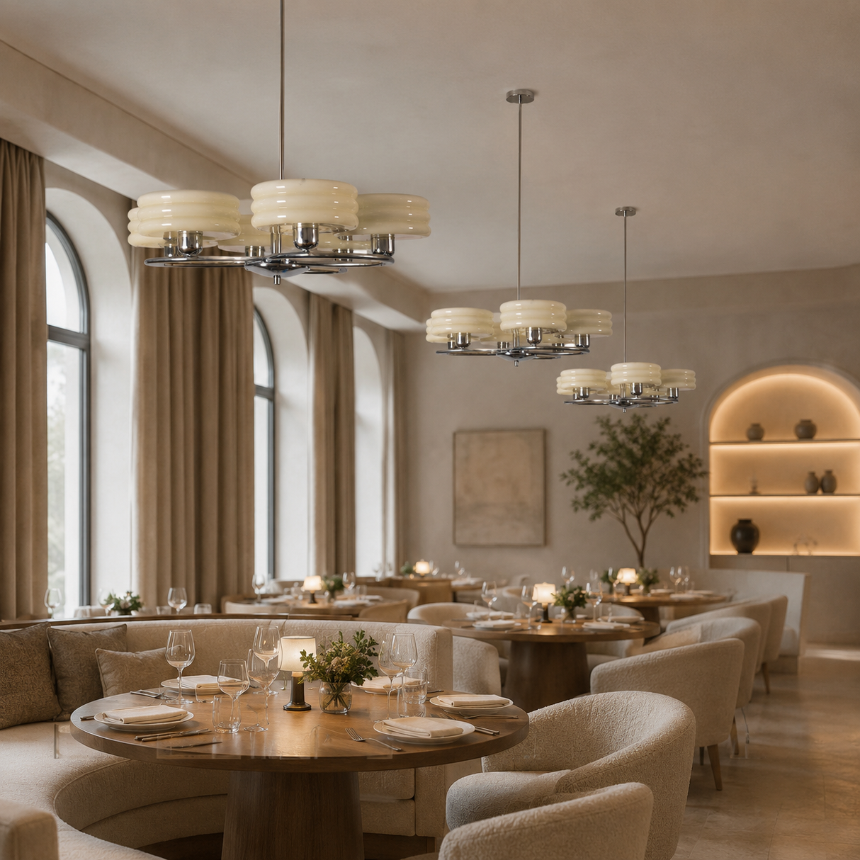 A modern dining room interior with multiple pendant chandeliers, round wooden tables, upholstered chairs, tall windows with beige curtains, and warm ambient lighting.