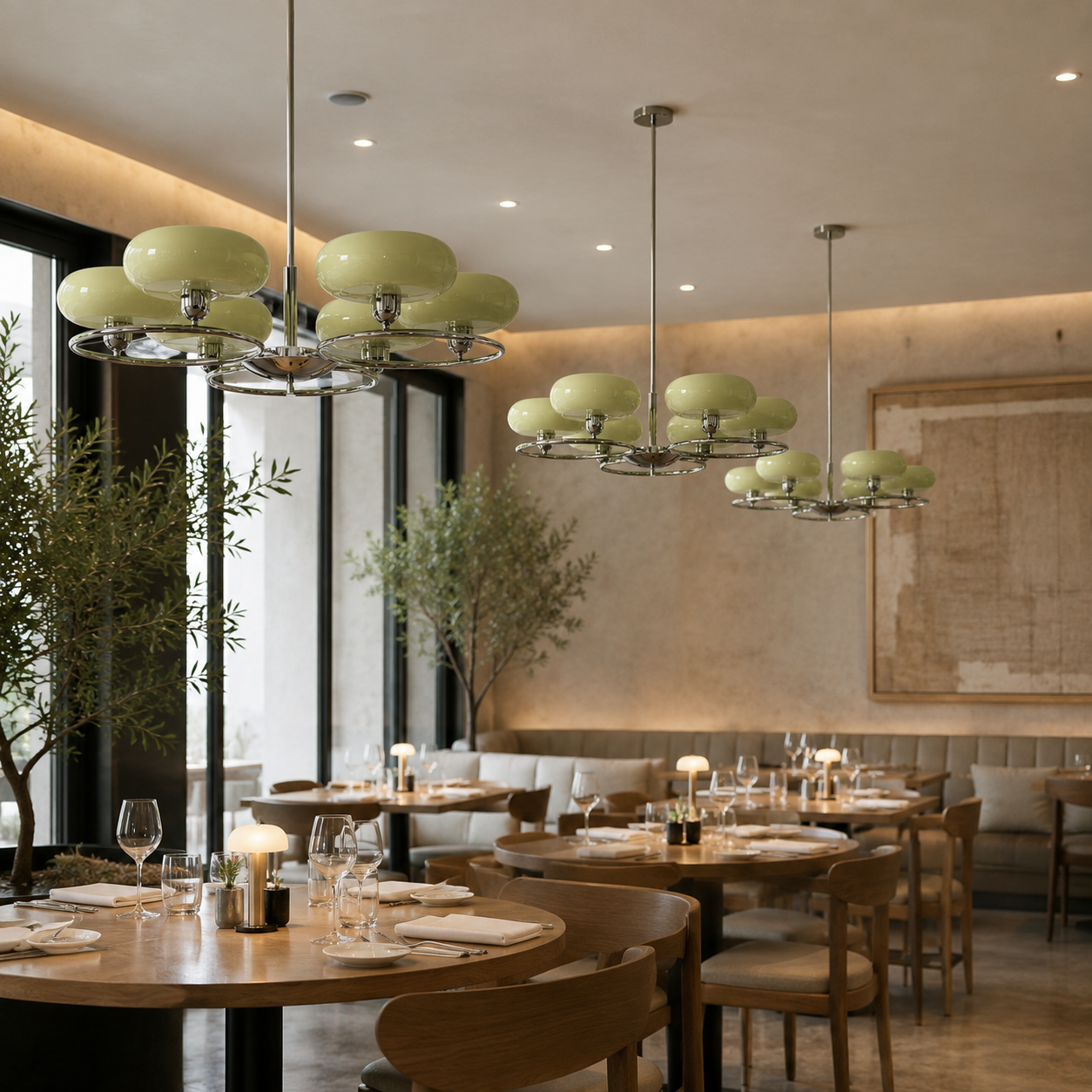 A modern restaurant interior with multiple pendant lights featuring pale green oval glass shades and chrome metal rings, hanging over wooden dining tables with chairs and tableware.