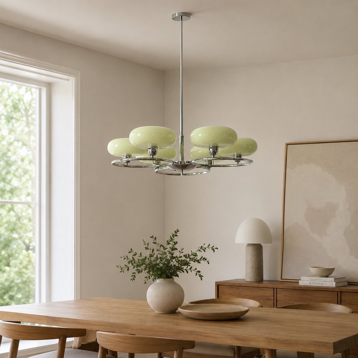 A modern multi-light chandelier with six pale green glass shades and a chrome ring, hanging in a minimalist dining room with a wooden table and chairs.