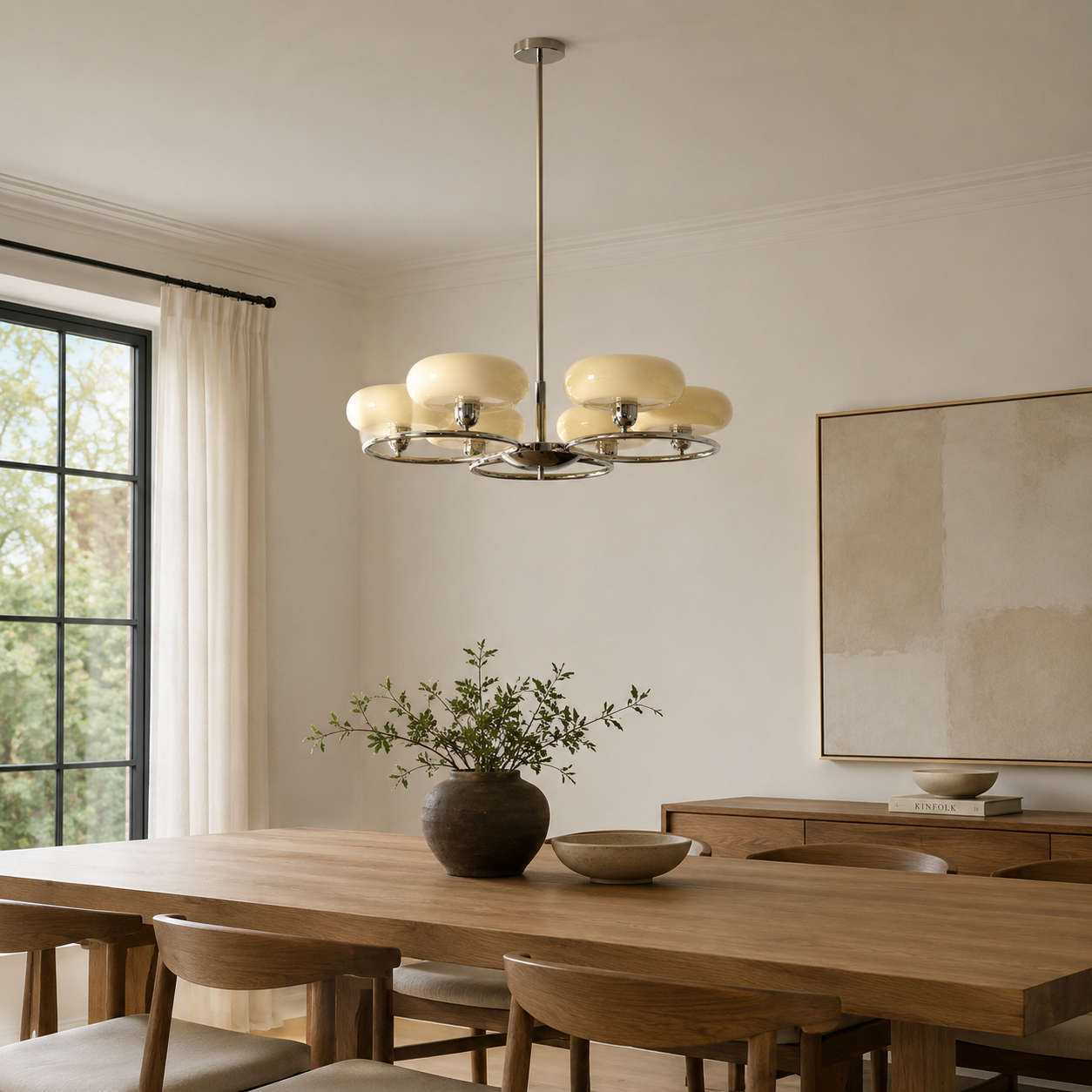 A modern multi-light chandelier with cream-colored glass globes and a brushed brass metal frame hangs over a wooden dining table in a bright, minimalist dining room.