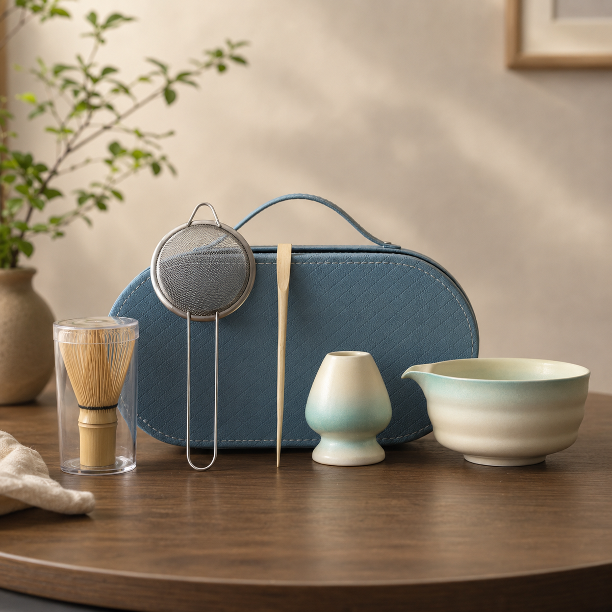 A tea preparation set arranged on a wooden table, including a blue zippered carrying case, a metal strainer, bamboo whisk in a glass holder, a small ceramic vessel, and a bowl with a pale green and cream glaze. A plant and neutral wall are visible in the background.