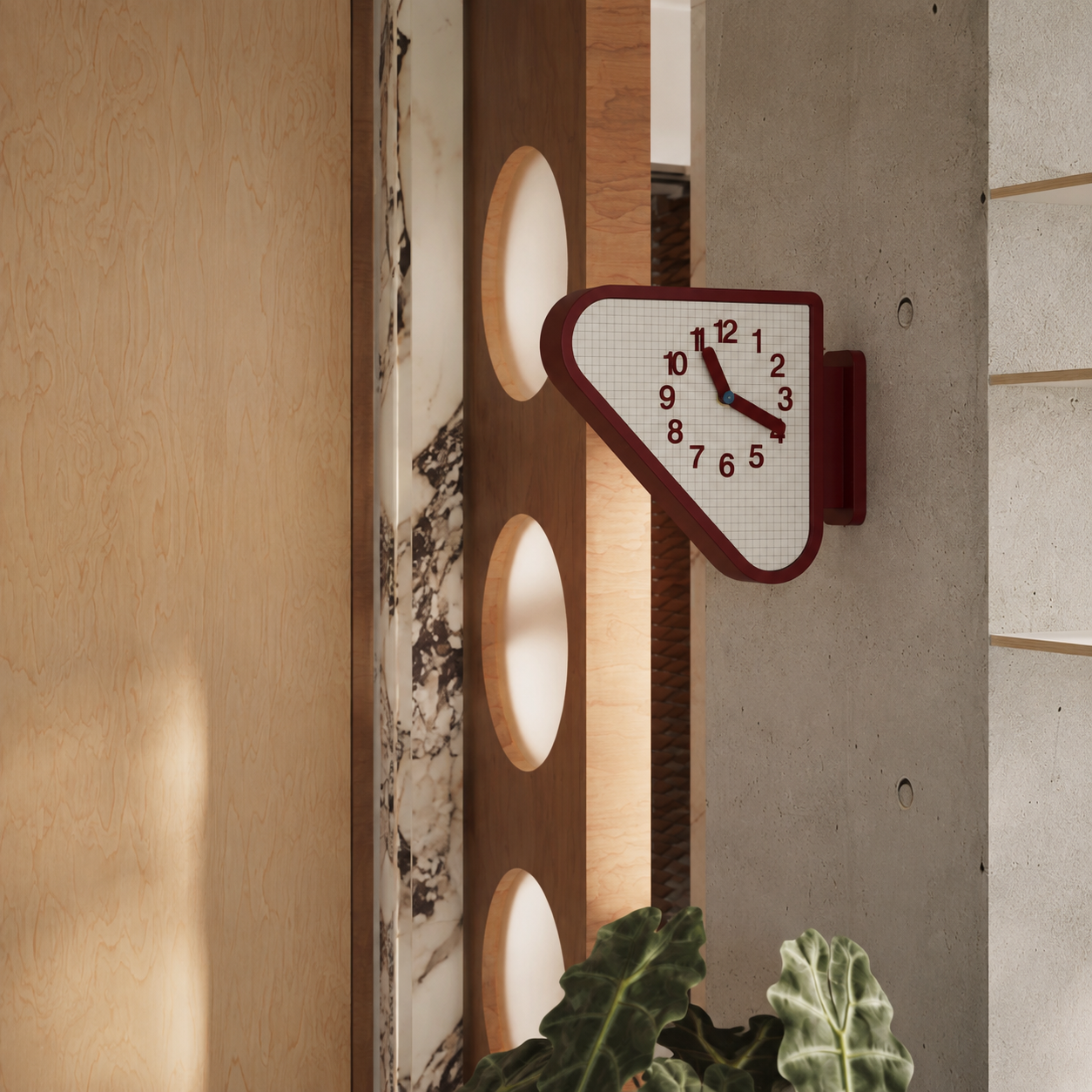 A modern triangular wall clock with a dark red frame and white face, mounted on a concrete pillar next to a wooden slat with circular cutouts.