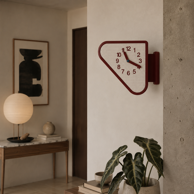 A modern wall clock with a dark red geometric frame and a white grid face, mounted on a beige wall in a styled interior setting with a plant, console table, and lamp.