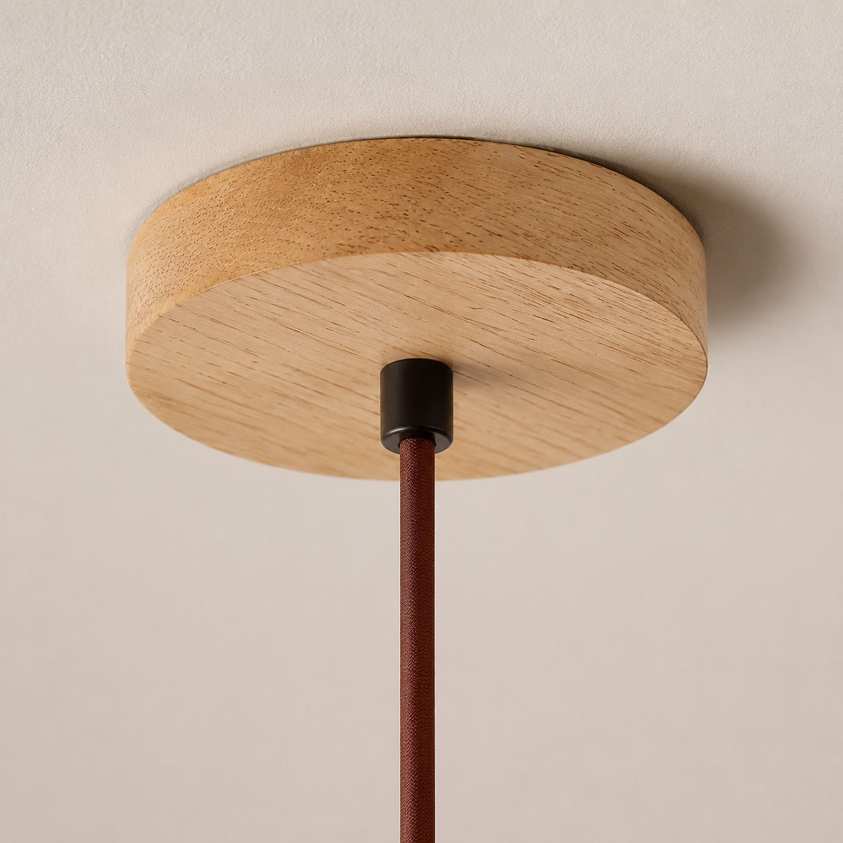 A close-up of a ceiling-mounted light fixture with a round natural wood ceiling canopy, a dark metal connector, and a dark reddish-brown hanging cord against a plain off-white wall.