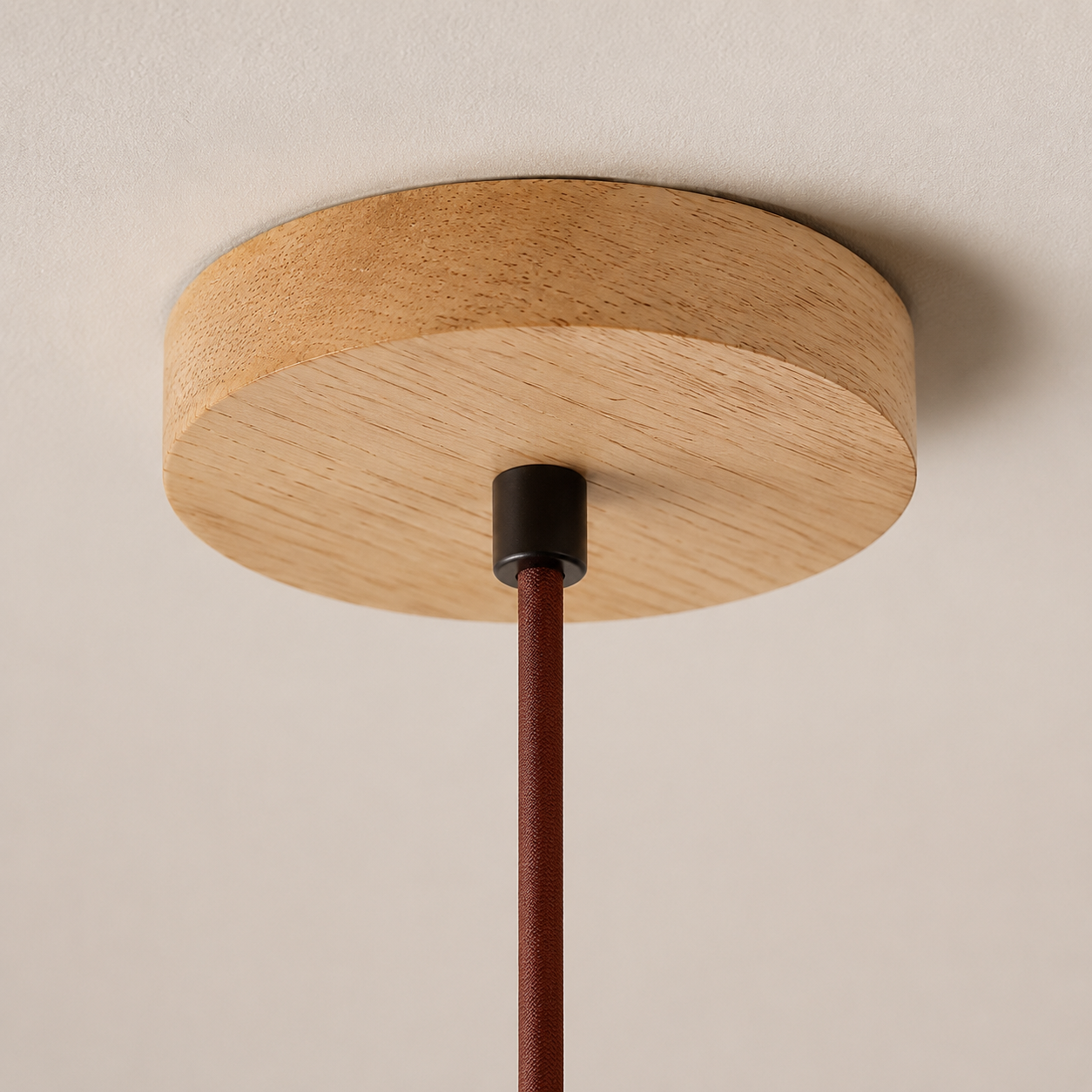 A close-up of a ceiling-mounted light fixture with a round natural wood ceiling canopy, a dark metal connector, and a dark reddish-brown hanging cord against a plain off-white wall.
