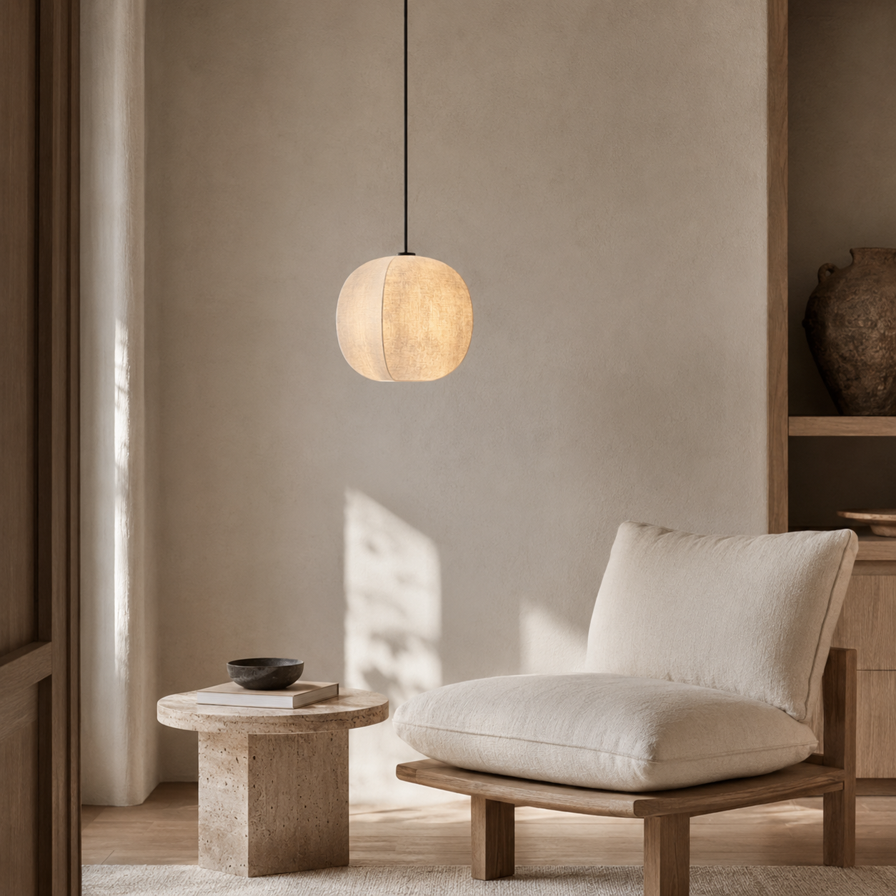 A modern spherical pendant light with a warm glowing linen-look shade hangs over a minimalist beige lounge chair in a softly lit, earthy-toned room.