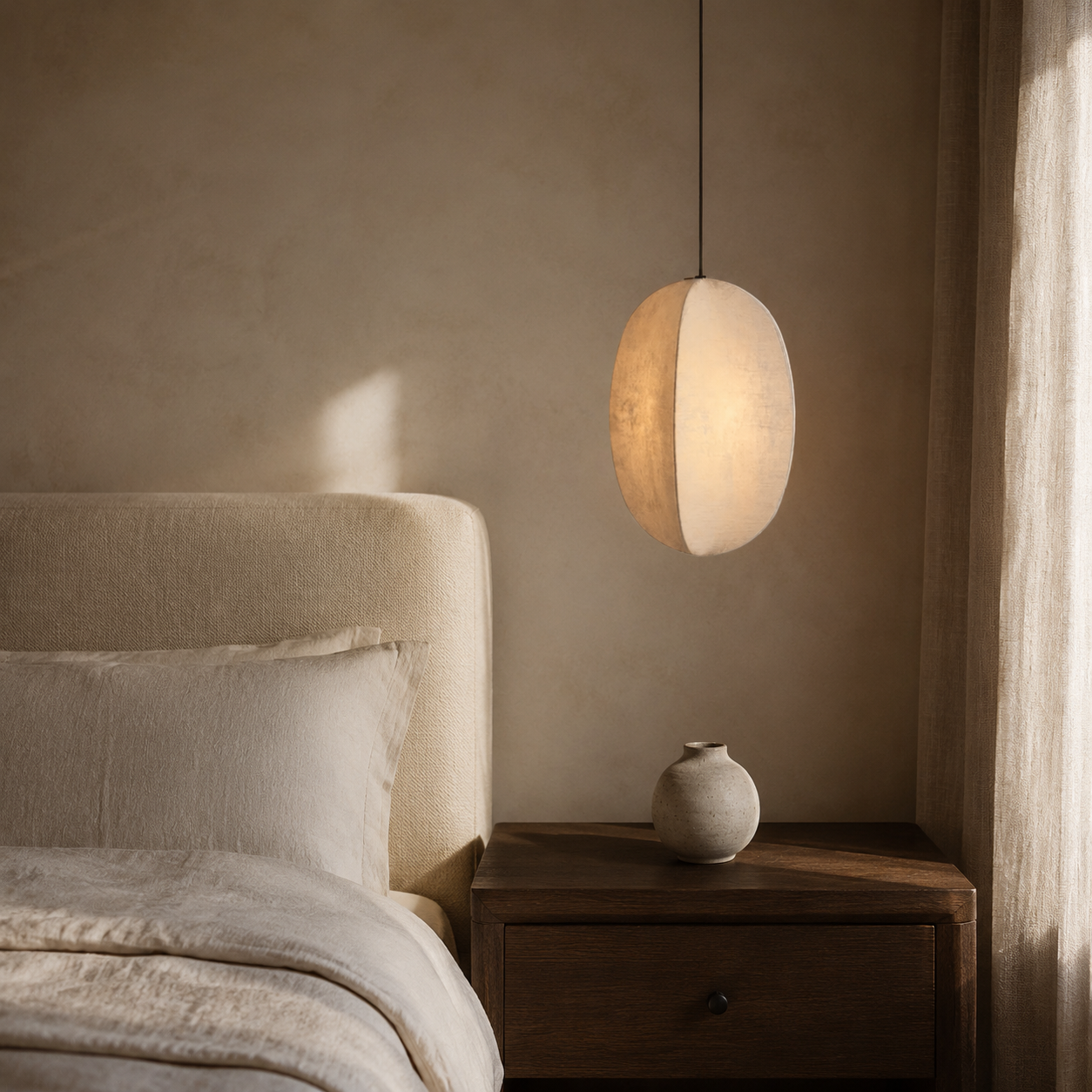 A modern pendant light with a textured, organic-shaped white shade hanging over a bed in a minimalist bedroom setting.