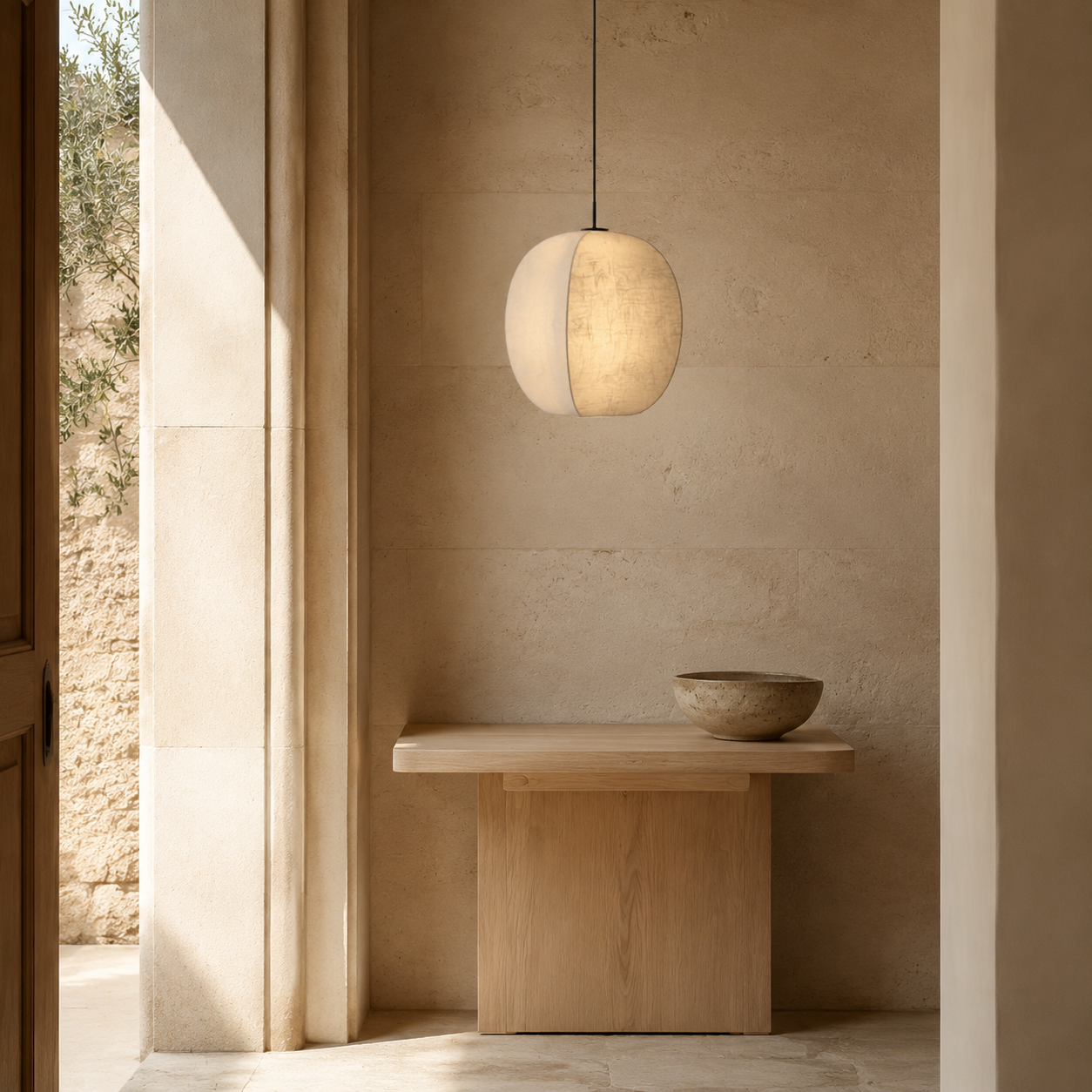 A modern pendant light with a split white and beige globe shade hangs over a minimalist wooden table in a warm, sunlit interior with textured beige walls.