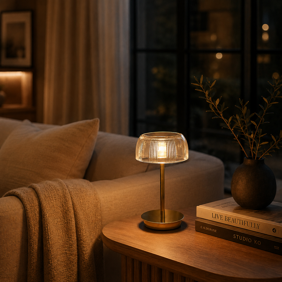 A modern table lamp with a ribbed clear glass dome shade and a brushed brass stand, glowing warmly on a wooden side table in a cozy living room setting.