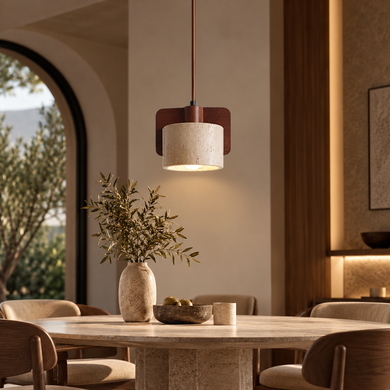 A modern pendant light with a textured beige drum shade and a dark brown wooden side plate hangs over a round dining table in a warm, contemporary interior.