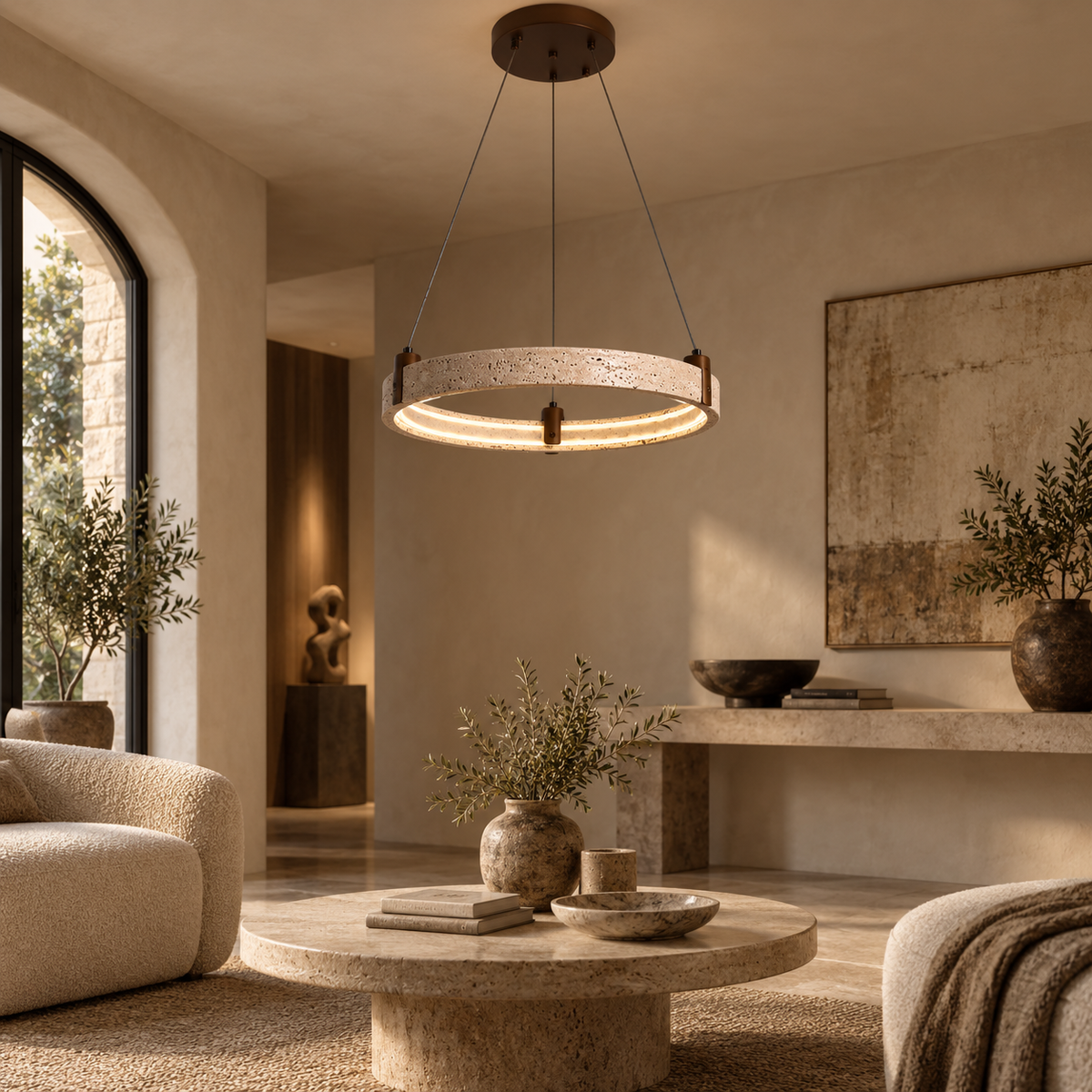 A modern circular pendant light with a textured stone-like ring and warm glowing bulbs, hanging in a warm, neutral-toned contemporary living room.