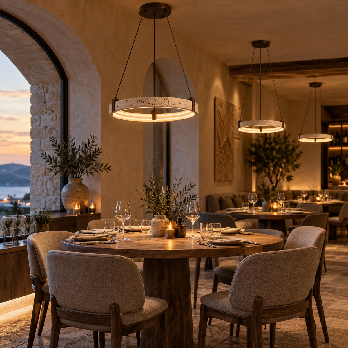 A warm, upscale restaurant interior with round wooden dining tables, upholstered chairs, hanging pendant lights, stone walls, and candlelit ambiance.