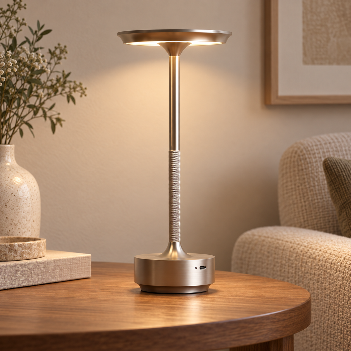 A modern adjustable LED table lamp with a brushed brass base and stem, illuminated to cast a warm glow, set on a wooden side table in a cozy living room next to a sofa and a vase of flowers.