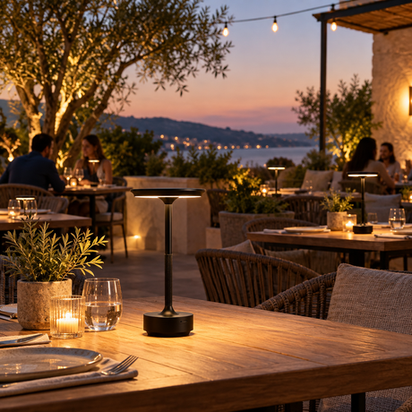 A modern black table lamp with a circular base and linear LED light sits on a wooden dining table at an outdoor restaurant at dusk, with warm ambient lighting and blurred patrons in the background.