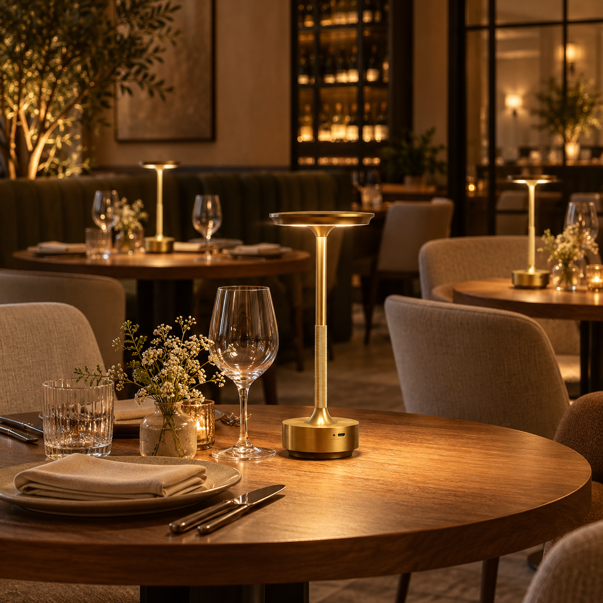 A modern table lamp with a brushed gold base and a circular gold-toned light head stands on a wooden dining table in a warmly lit restaurant setting.