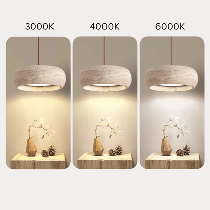Three pendant lights with different color temperatures on a neutral background