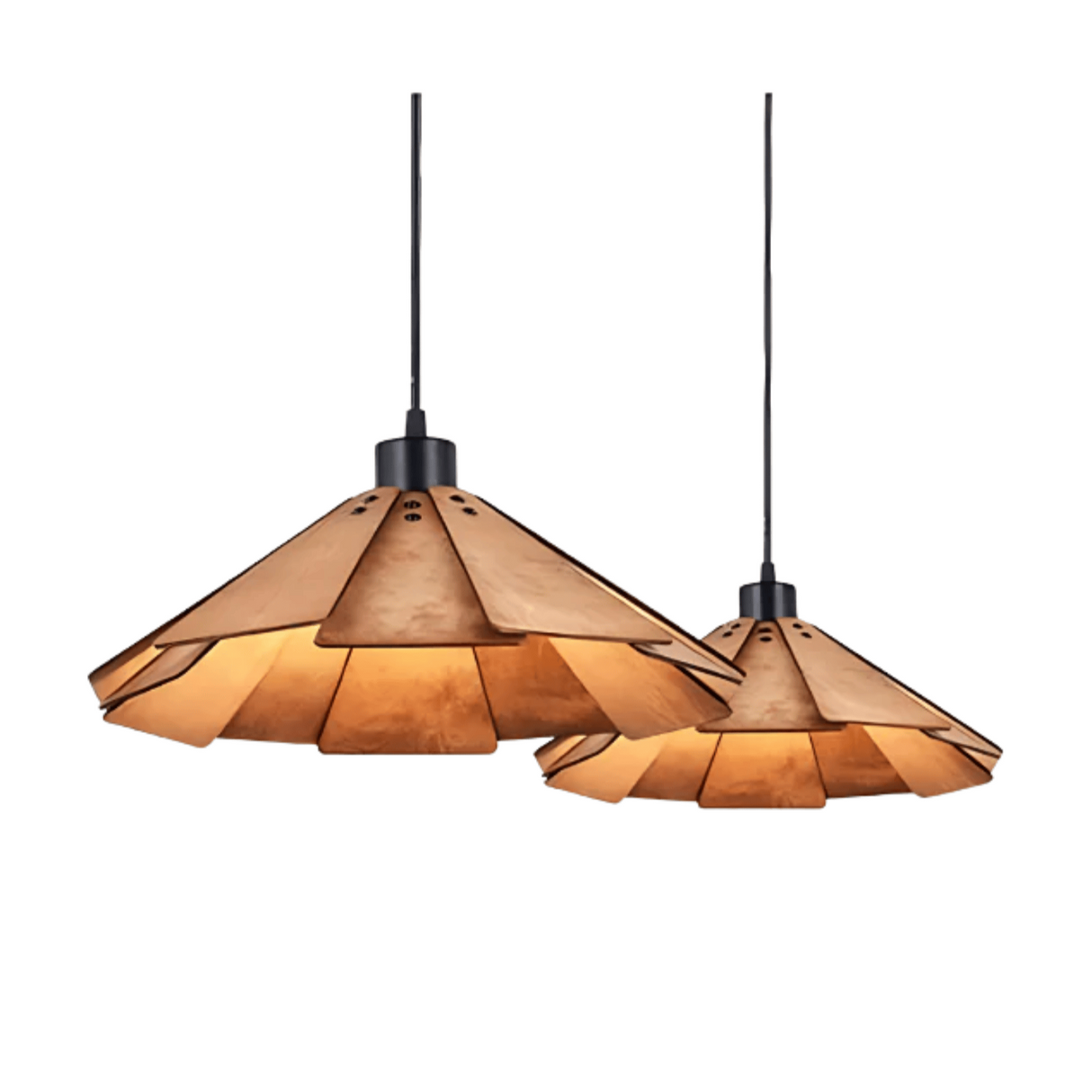 Two pendant lights with wooden lampshades on a white background