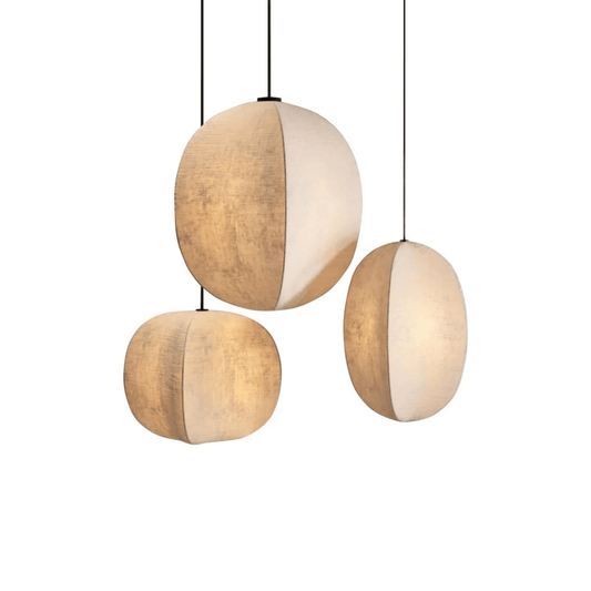 Three spherical pendant lights with a wooden finish on a white background