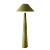 Green floor lamp with a cone-shaped shade on a white background

