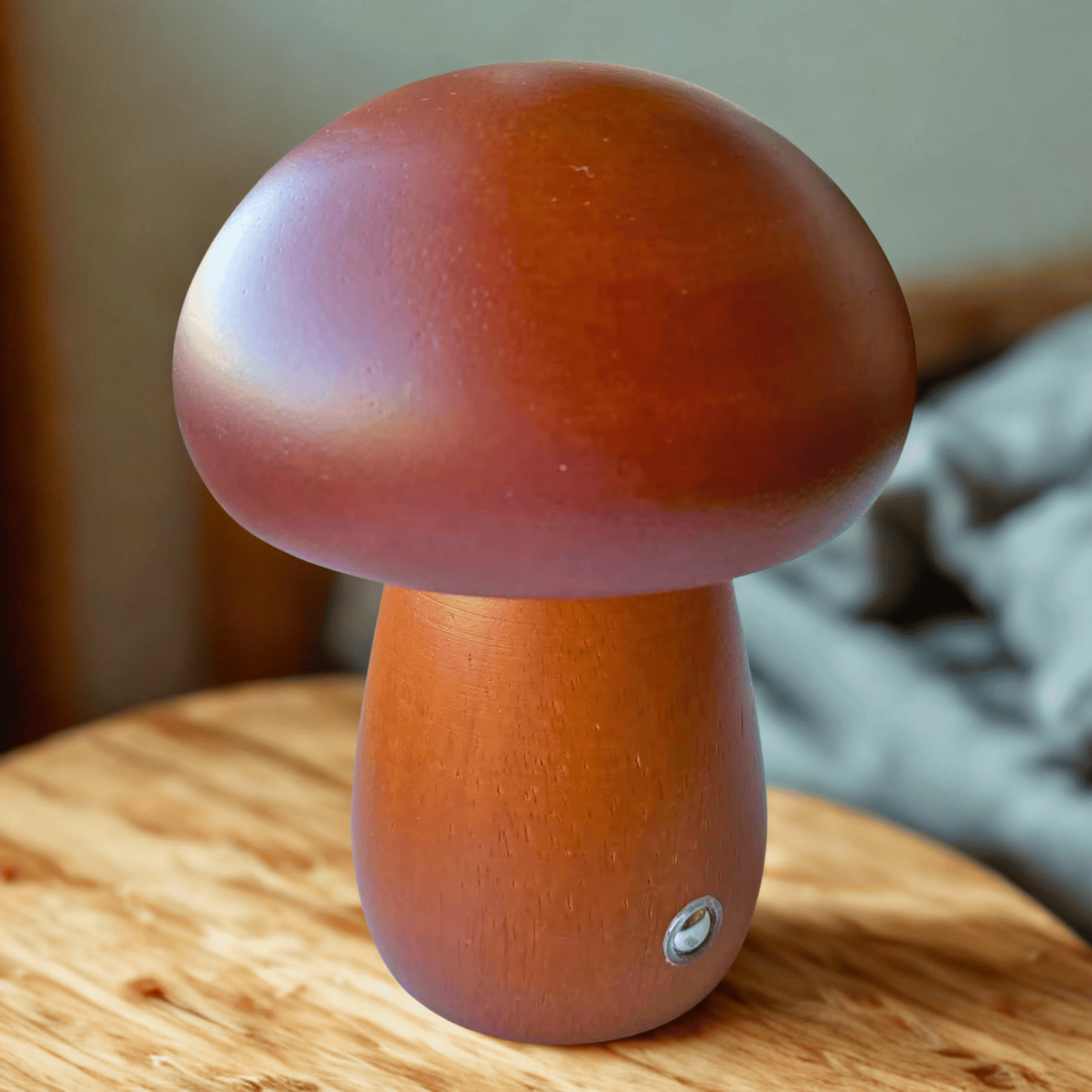 Mushroom-shaped object on a wooden surface with a blurred background