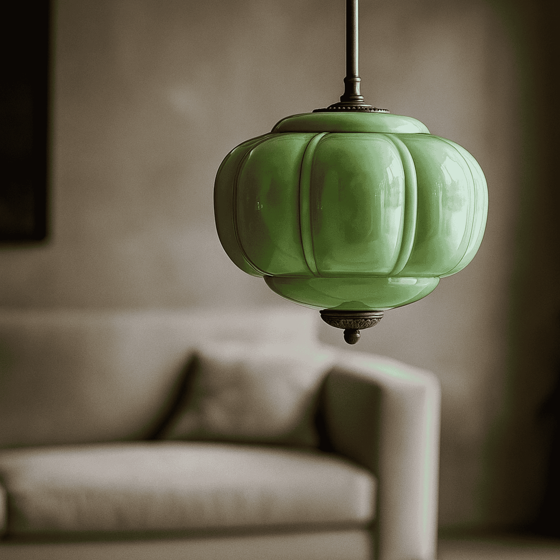 Green pendant light hanging above a sofa with a blurred background