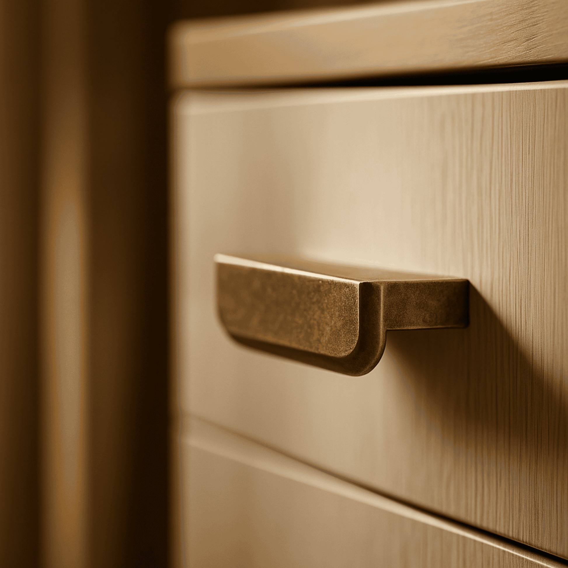 Close-up of a bronze handle on a wooden surface
