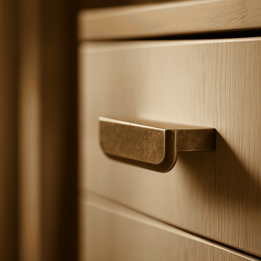 Close-up of a bronze handle on a wooden surface