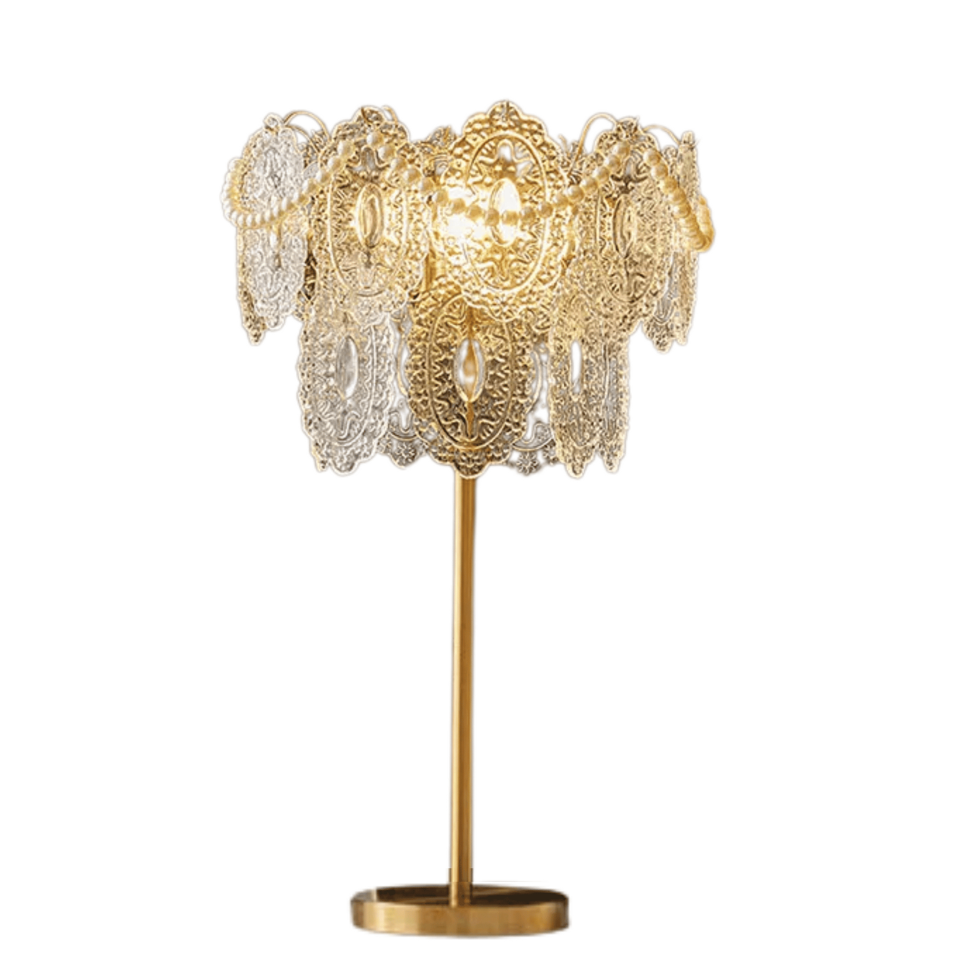 Decorative table lamp with intricate gold design on a white background