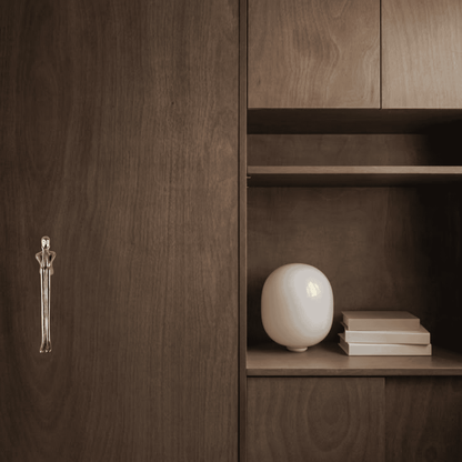 Wooden cabinet with a decorative handle and a white spherical object on a shelf.
