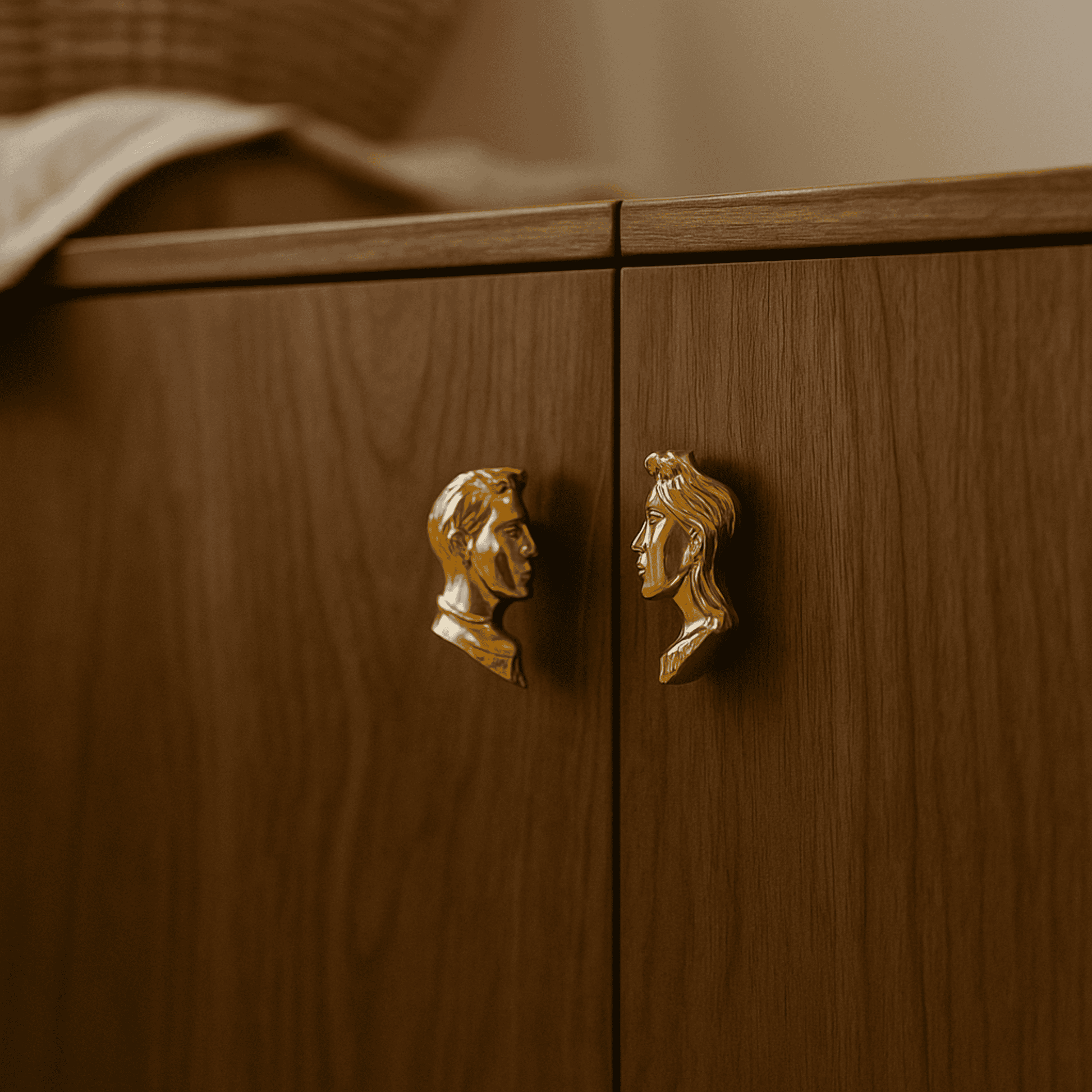 Wooden cabinet with gold face-shaped handles