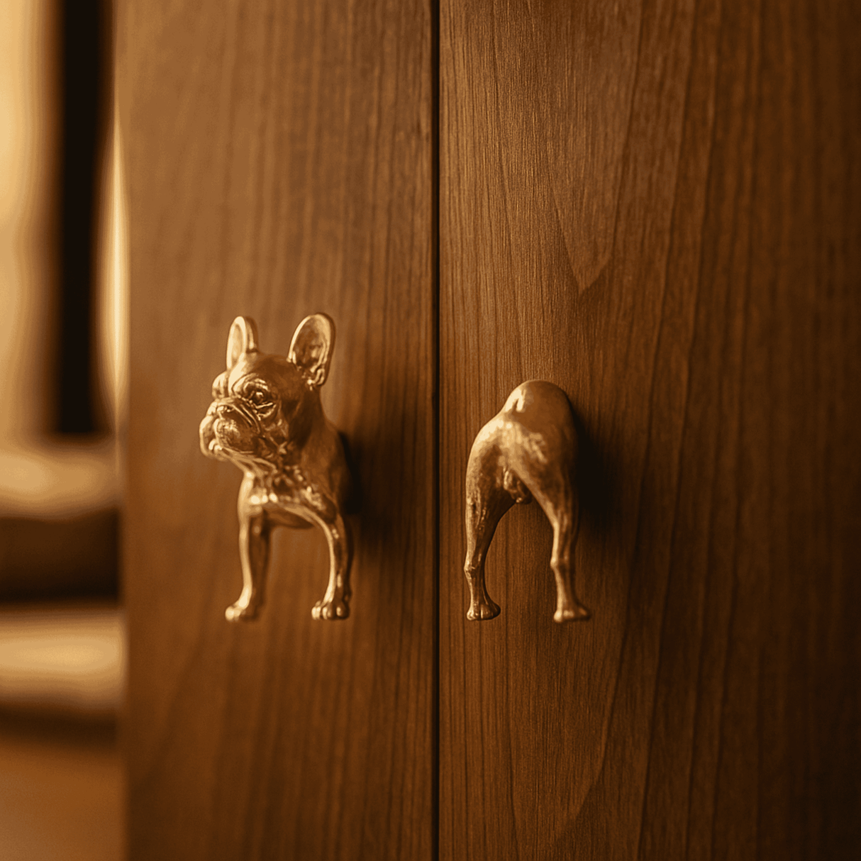 Wooden cabinet with brass dog-shaped handles
